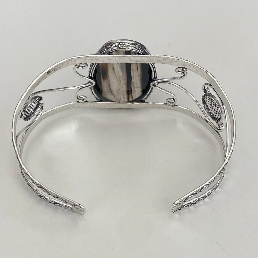 Handmade XL Chunky Smoky Quartz 925 Sterling Silver Cuff Bracelet